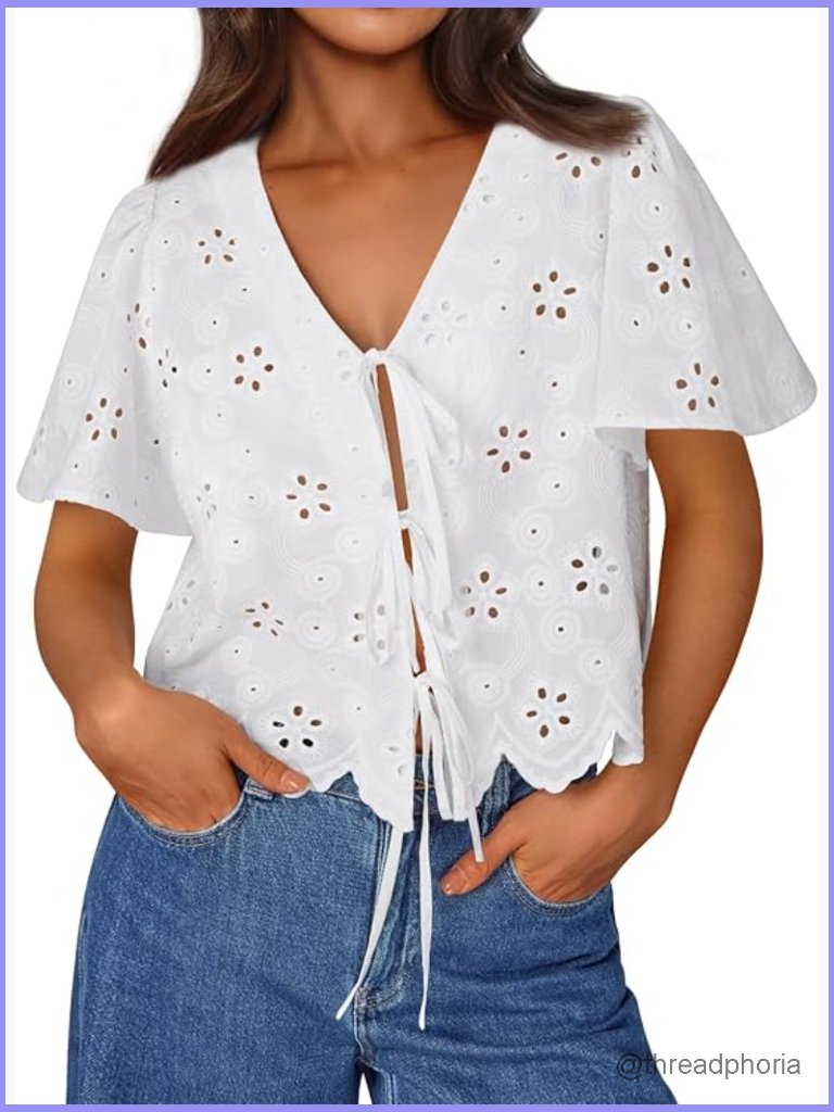 Women's Boho Eyelet Tie-Front Blouse Sleeveless Crop Top Summer Beach Vacation